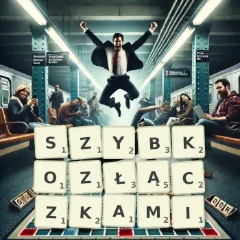 Kreatywna ilustracja do gry w Scrabble ze słowem SZYBKOZŁĄCZKAMI ułożonym z płytek na planszy.