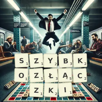 Kreatywna ilustracja do gry w Scrabble ze słowem SZYBKOZŁĄCZKI ułożonym z płytek na planszy.
