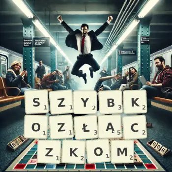 Kreatywna ilustracja do gry w Scrabble ze słowem SZYBKOZŁĄCZKOM ułożonym z płytek na planszy.