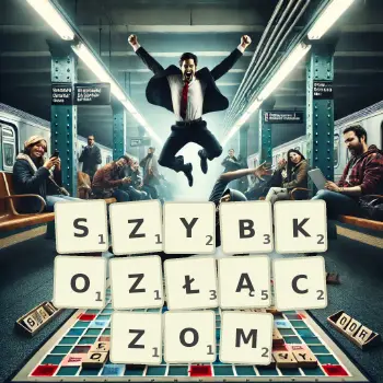 Kreatywna ilustracja do gry w Scrabble ze słowem SZYBKOZŁĄCZOM ułożonym z płytek na planszy.