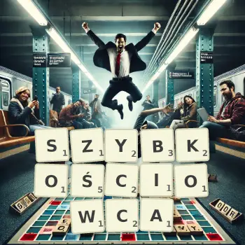 Kreatywna ilustracja do gry w Scrabble ze słowem SZYBKOŚCIOWCA ułożonym z płytek na planszy.