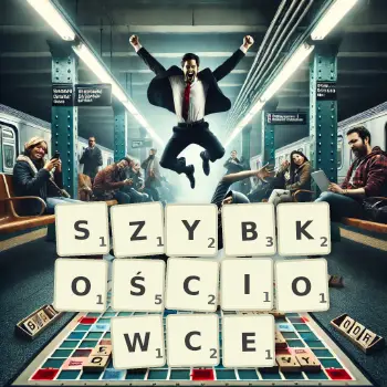 Kreatywna ilustracja do gry w Scrabble ze słowem SZYBKOŚCIOWCE ułożonym z płytek na planszy.