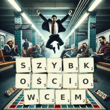 Kreatywna ilustracja do gry w Scrabble ze słowem SZYBKOŚCIOWCEM ułożonym z płytek na planszy.