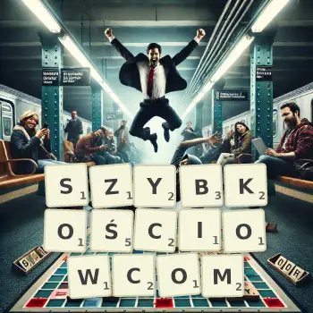 Kreatywna ilustracja do gry w Scrabble ze słowem SZYBKOŚCIOWCOM ułożonym z płytek na planszy.