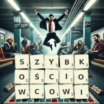 Kreatywna ilustracja do gry w Scrabble ze słowem SZYBKOŚCIOWCOWI ułożonym z płytek na planszy.