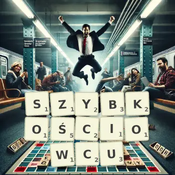 Kreatywna ilustracja do gry w Scrabble ze słowem SZYBKOŚCIOWCU ułożonym z płytek na planszy.