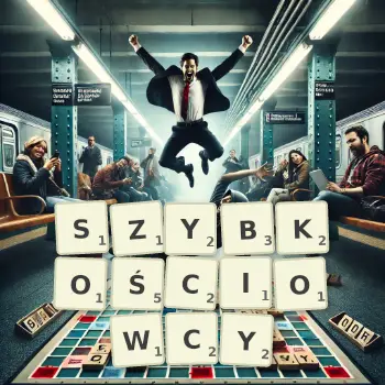 Kreatywna ilustracja do gry w Scrabble ze słowem SZYBKOŚCIOWCY ułożonym z płytek na planszy.