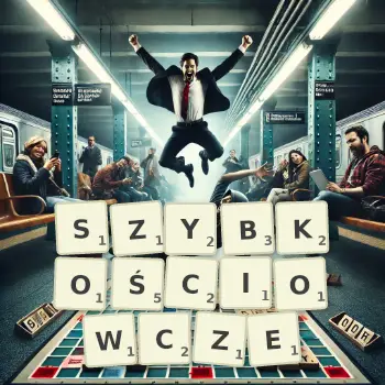 Kreatywna ilustracja do gry w Scrabble ze słowem SZYBKOŚCIOWCZE ułożonym z płytek na planszy.