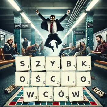 Kreatywna ilustracja do gry w Scrabble ze słowem SZYBKOŚCIOWCÓW ułożonym z płytek na planszy.