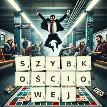 Kreatywna ilustracja do gry w Scrabble ze słowem SZYBKOŚCIOWEJ ułożonym z płytek na planszy.
