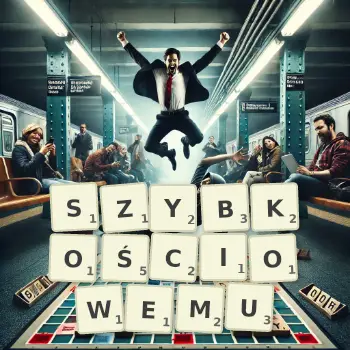 Kreatywna ilustracja do gry w Scrabble ze słowem SZYBKOŚCIOWEMU ułożonym z płytek na planszy.
