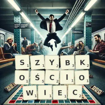 Kreatywna ilustracja do gry w Scrabble ze słowem SZYBKOŚCIOWIEC ułożonym z płytek na planszy.