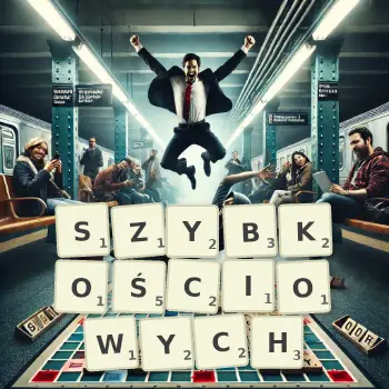 Kreatywna ilustracja do gry w Scrabble ze słowem SZYBKOŚCIOWYCH ułożonym z płytek na planszy.