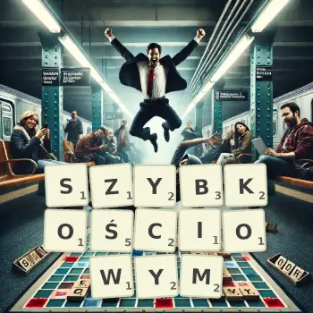 Kreatywna ilustracja do gry w Scrabble ze słowem SZYBKOŚCIOWYM ułożonym z płytek na planszy.