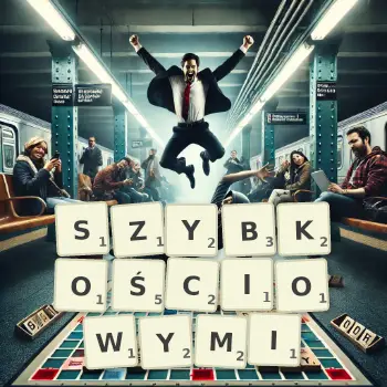 Kreatywna ilustracja do gry w Scrabble ze słowem SZYBKOŚCIOWYMI ułożonym z płytek na planszy.