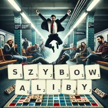 Kreatywna ilustracja do gry w Scrabble ze słowem SZYBOWALIBY ułożonym z płytek na planszy.