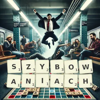 Kreatywna ilustracja do gry w Scrabble ze słowem SZYBOWANIACH ułożonym z płytek na planszy.