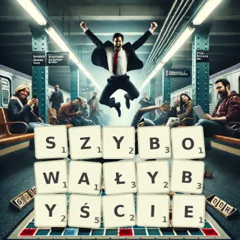 Kreatywna ilustracja do gry w Scrabble ze słowem SZYBOWAŁYBYŚCIE ułożonym z płytek na planszy.