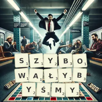 Kreatywna ilustracja do gry w Scrabble ze słowem SZYBOWAŁYBYŚMY ułożonym z płytek na planszy.