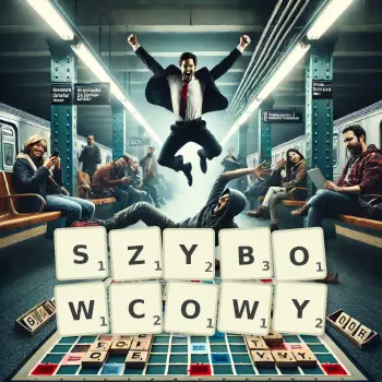 Kreatywna ilustracja do gry w Scrabble ze słowem SZYBOWCOWY ułożonym z płytek na planszy.