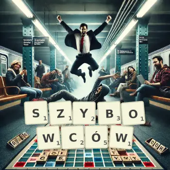 Kreatywna ilustracja do gry w Scrabble ze słowem SZYBOWCÓW ułożonym z płytek na planszy.