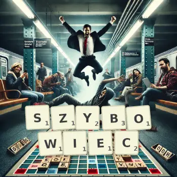 Kreatywna ilustracja do gry w Scrabble ze słowem SZYBOWIEC ułożonym z płytek na planszy.