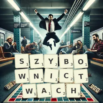Kreatywna ilustracja do gry w Scrabble ze słowem SZYBOWNICTWACH ułożonym z płytek na planszy.