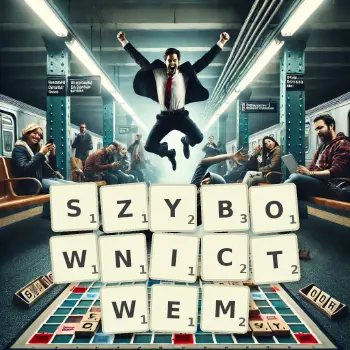 Kreatywna ilustracja do gry w Scrabble ze słowem SZYBOWNICTWEM ułożonym z płytek na planszy.