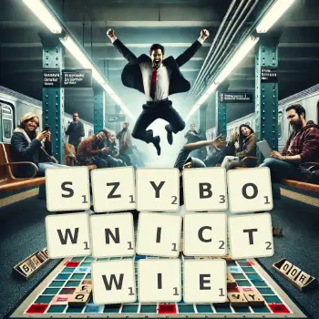 Kreatywna ilustracja do gry w Scrabble ze słowem SZYBOWNICTWIE ułożonym z płytek na planszy.