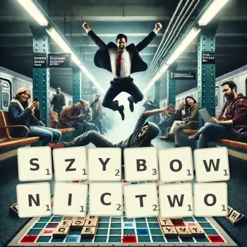 Kreatywna ilustracja do gry w Scrabble ze słowem SZYBOWNICTWO ułożonym z płytek na planszy.