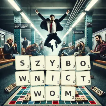 Kreatywna ilustracja do gry w Scrabble ze słowem SZYBOWNICTWOM ułożonym z płytek na planszy.
