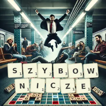 Kreatywna ilustracja do gry w Scrabble ze słowem SZYBOWNICZE ułożonym z płytek na planszy.