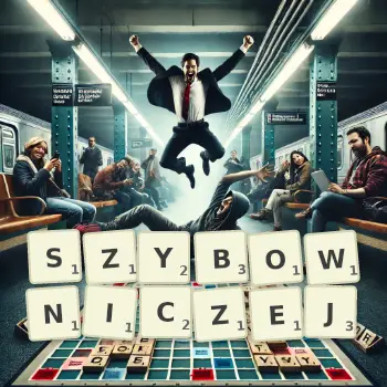 Kreatywna ilustracja do gry w Scrabble ze słowem SZYBOWNICZEJ ułożonym z płytek na planszy.