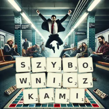 Kreatywna ilustracja do gry w Scrabble ze słowem SZYBOWNICZKAMI ułożonym z płytek na planszy.