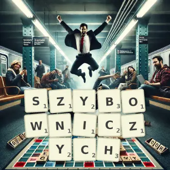 Kreatywna ilustracja do gry w Scrabble ze słowem SZYBOWNICZYCH ułożonym z płytek na planszy.