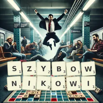 Kreatywna ilustracja do gry w Scrabble ze słowem SZYBOWNIKOWI ułożonym z płytek na planszy.