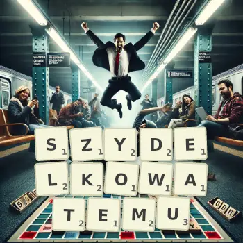 Kreatywna ilustracja do gry w Scrabble ze słowem SZYDELKOWATEMU ułożonym z płytek na planszy.