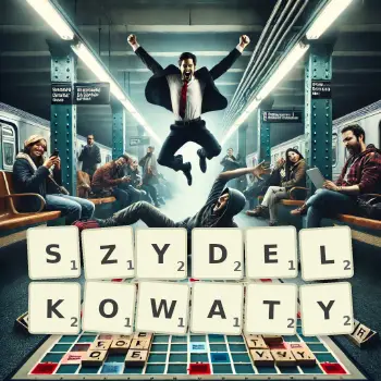 Kreatywna ilustracja do gry w Scrabble ze słowem SZYDELKOWATY ułożonym z płytek na planszy.