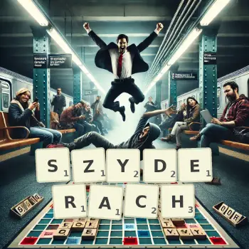 Kreatywna ilustracja do gry w Scrabble ze słowem SZYDERACH ułożonym z płytek na planszy.