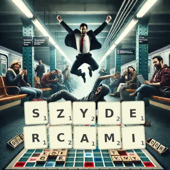 Kreatywna ilustracja do gry w Scrabble ze słowem SZYDERCAMI ułożonym z płytek na planszy.