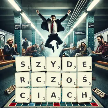 Kreatywna ilustracja do gry w Scrabble ze słowem SZYDERCZOŚCIACH ułożonym z płytek na planszy.