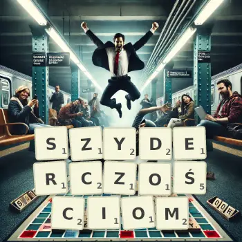 Kreatywna ilustracja do gry w Scrabble ze słowem SZYDERCZOŚCIOM ułożonym z płytek na planszy.