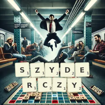 Kreatywna ilustracja do gry w Scrabble ze słowem SZYDERCZY ułożonym z płytek na planszy.