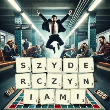 Kreatywna ilustracja do gry w Scrabble ze słowem SZYDERCZYNIAMI ułożonym z płytek na planszy.