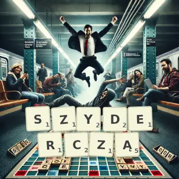 Kreatywna ilustracja do gry w Scrabble ze słowem SZYDERCZĄ ułożonym z płytek na planszy.