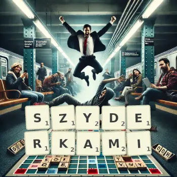 Kreatywna ilustracja do gry w Scrabble ze słowem SZYDERKAMI ułożonym z płytek na planszy.