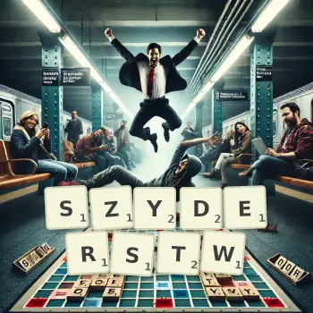 Kreatywna ilustracja do gry w Scrabble ze słowem SZYDERSTW ułożonym z płytek na planszy.