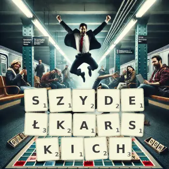 Kreatywna ilustracja do gry w Scrabble ze słowem SZYDEŁKARSKICH ułożonym z płytek na planszy.