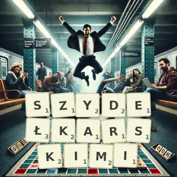 Kreatywna ilustracja do gry w Scrabble ze słowem SZYDEŁKARSKIMI ułożonym z płytek na planszy.