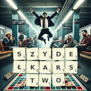 Kreatywna ilustracja do gry w Scrabble ze słowem SZYDEŁKARSTWO ułożonym z płytek na planszy.